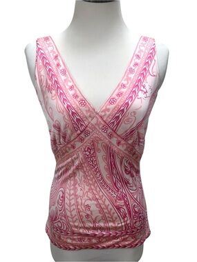 Elie Tahari Silk Pink Print Stretch Sleeveless Knit Top Tank Long Size S